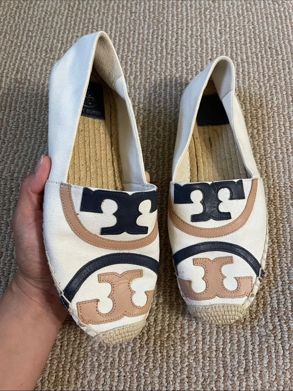 Tory Burch Cream Canvas Espadrilles with Navy & Tan Logo Accents